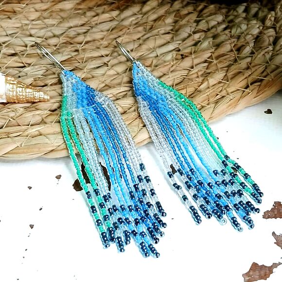 Boho Chic Beaded Fringe Cascade Shoulder Duster Dangle Earrings 4" - Picture 4 of 9